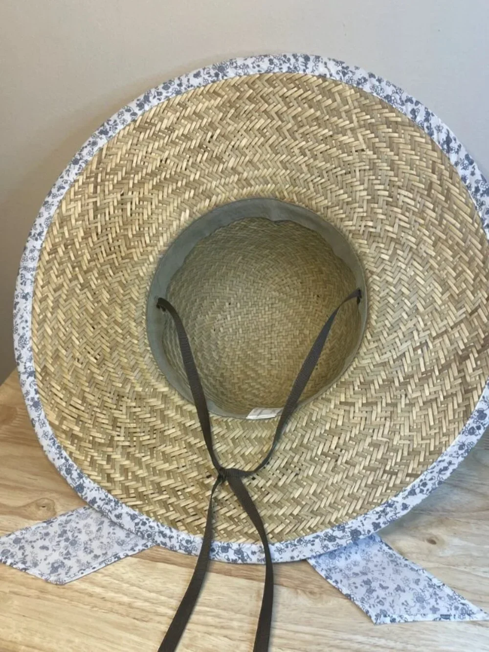 Vintage Straw Sun Hat Wide Brim Floral Ribbon Chin Tie Size L Summer Beach